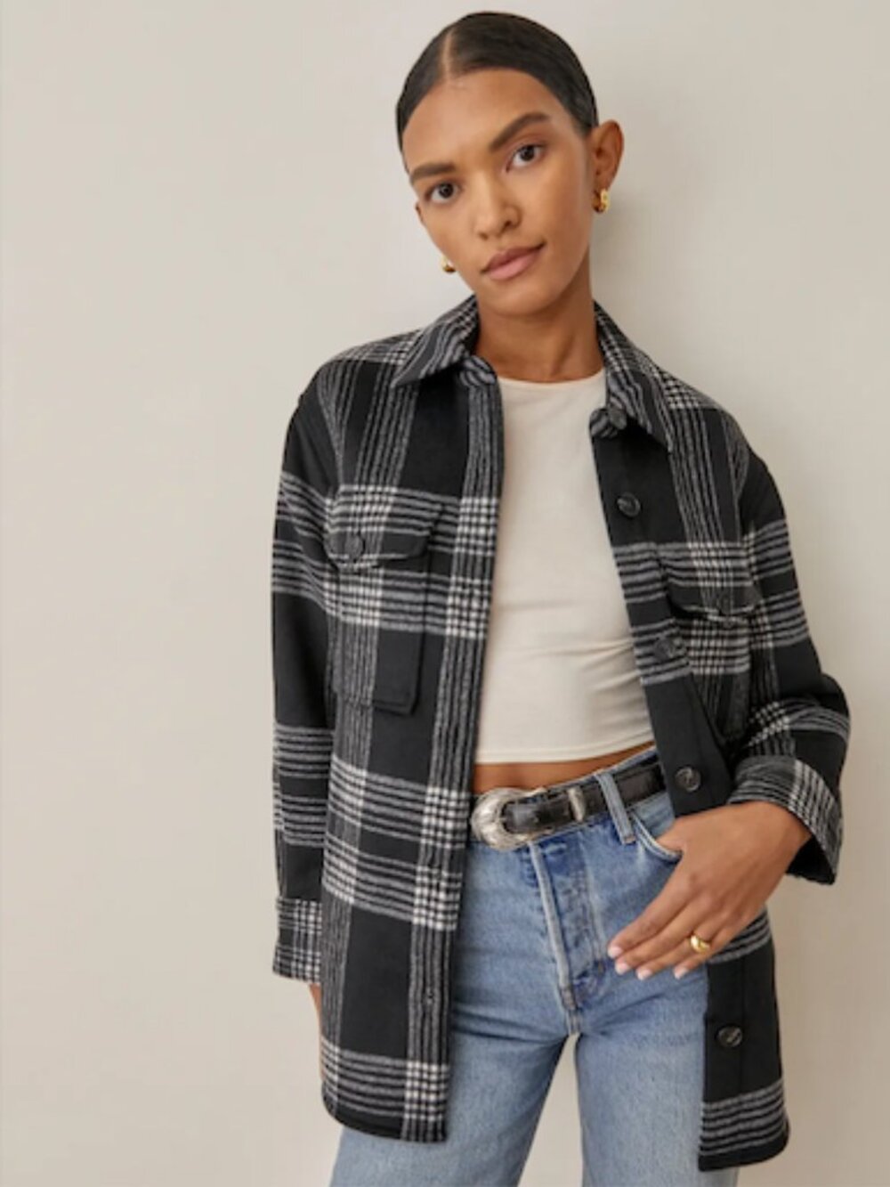 Reformation Giles Jacket ("Shacket") in Black/White Check – Size S